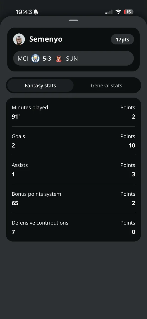 Player card with live Opta fantasy stats